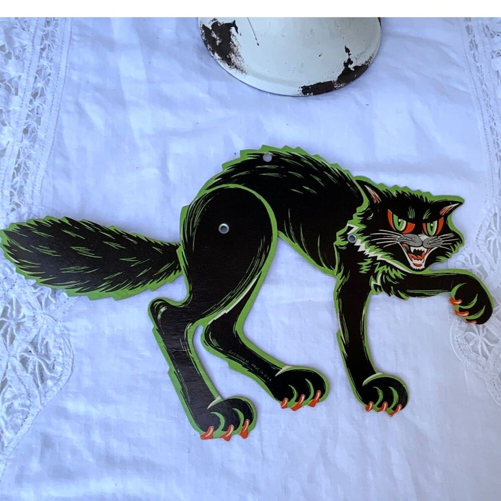 Vintage Beistle Halloween cat die cut scary black cat neon green outline GUC - Picture 2 of 4